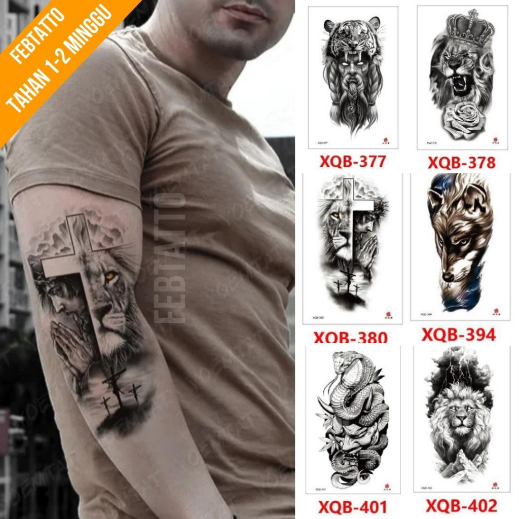 Tato Temporer Ukuran 21cmx11cm Tato Lengan Tato Dada Tato tangan Tato Kaki Tato Punggung Tato Jari  Motif Aesthetic Tatto Temporary Stiker Tato Halal Grosir Tato air motif macan, salib, serigala, ular XQB 380