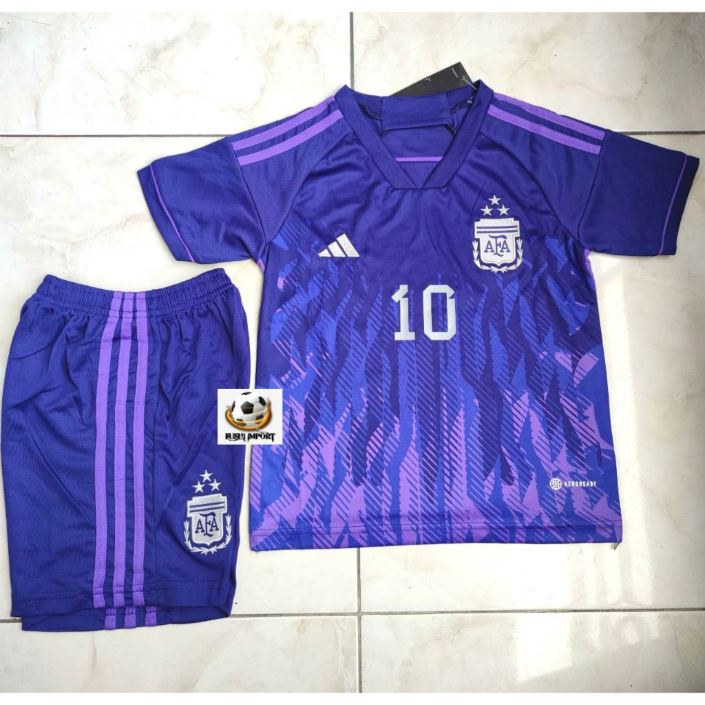 Jersey Baju Bola Anak Argentina Away Kids World Cup Piala Dunia 2022 Fullset Satu Set Grade Ori