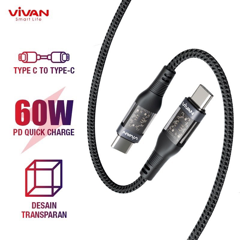 Vivan 60W Kabel Data Usb Type C to Type C PD Super Fast Charging Up to 60W Nylon Braided Cable Usb C for s10 s20 s21 s22 ultra s23