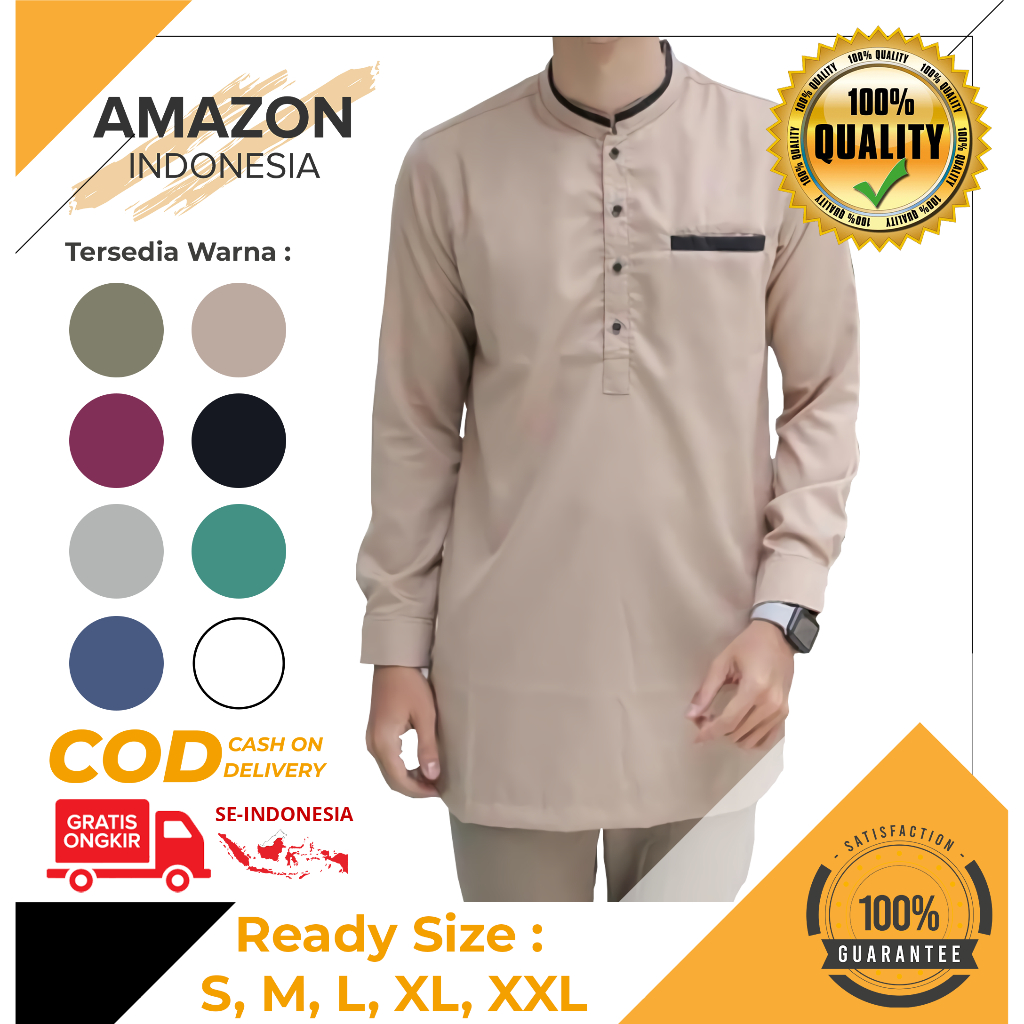 KEMEJA ATASAN BAJU KOKO MUSLIM PRIA LAKI LAKI LENGAN PENDEK PANJANG WARNA KHAKI KHAKIS CREAM KREM COKLAT MUDA BAHAN KATUN COTTON TOYOBO