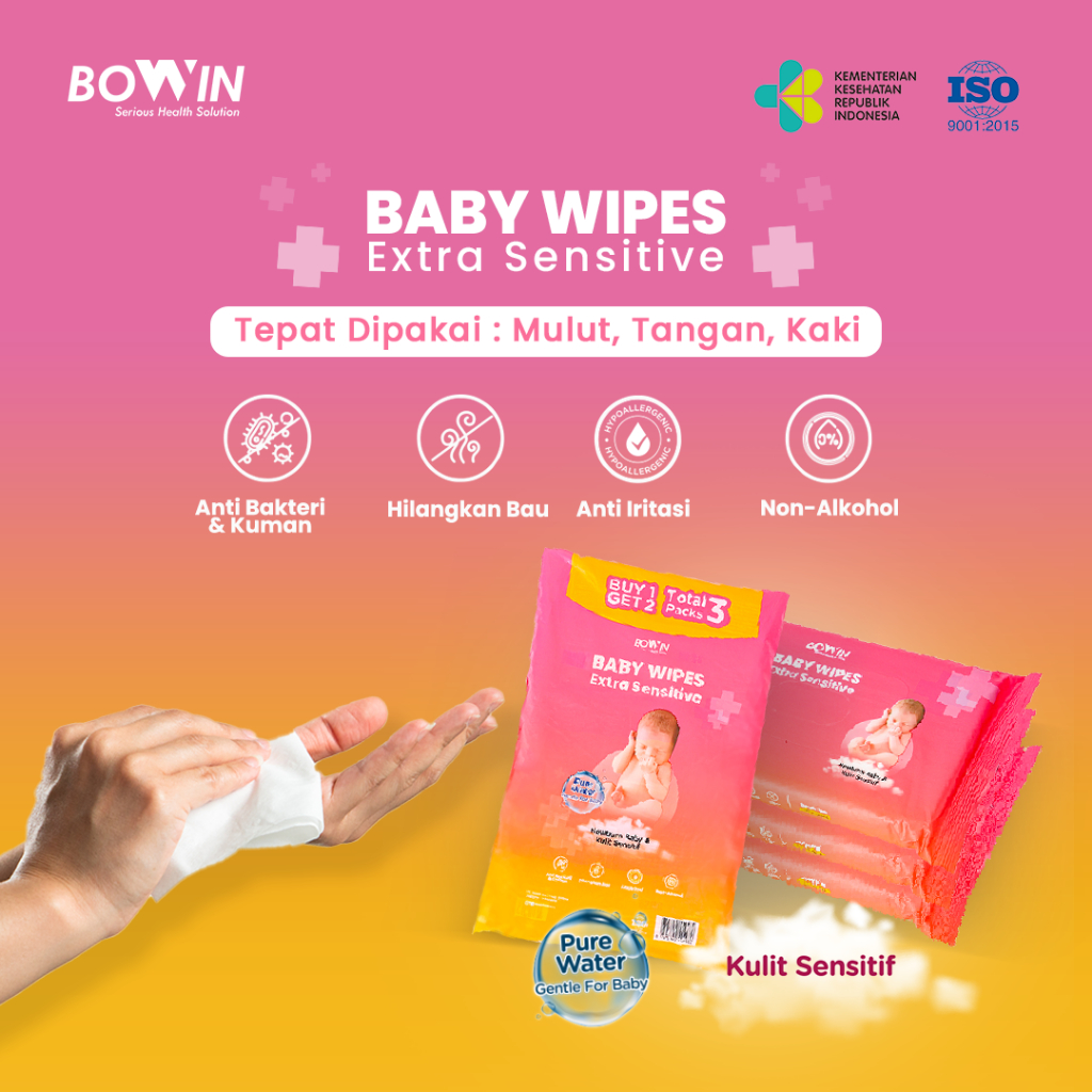 Bowin Baby Wipes Pure Water Newborn &amp; Sensitive Skin [Buy 1 Get 2 = Total 3 Packs]