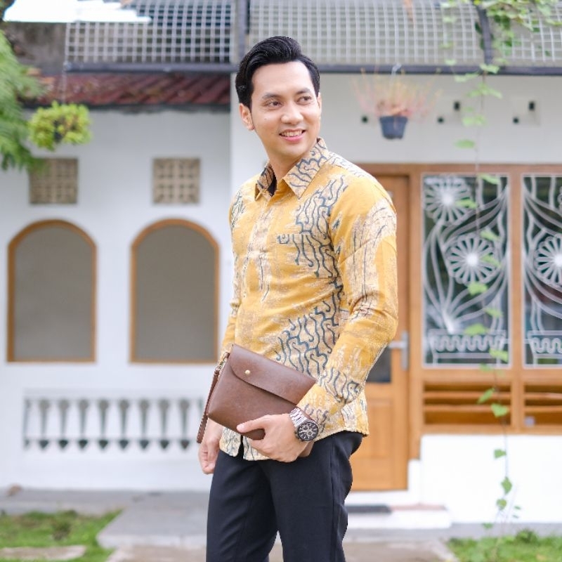 Kemeja Batik Pria Bahan Dobby Warna Kuning Eksklusif Kertojoyo New Terbaru Slimfit