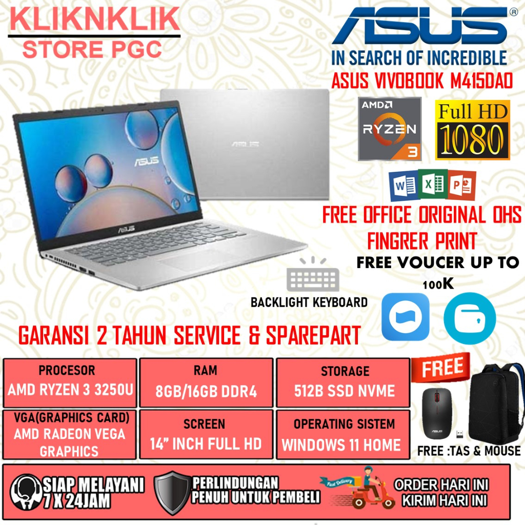 LAPTOP ASUS VIVOBOOK A416MA INTEL CELERON N4020 RAM 8GB 512GB SSD FHD BACKLIT WINDOWS 11 HOME