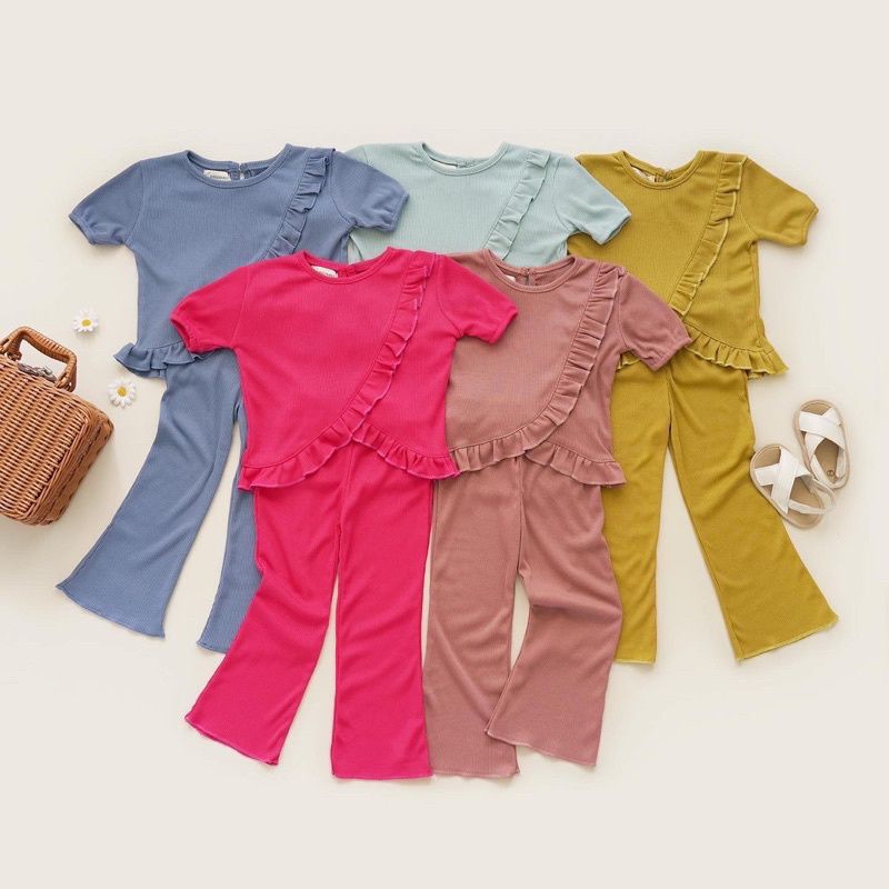 Baju Setelan Anak Perempuan MALIKA Ruffle Set Knit Tee Usia 1-5 Tahun Lucu Bahan Rib Knit