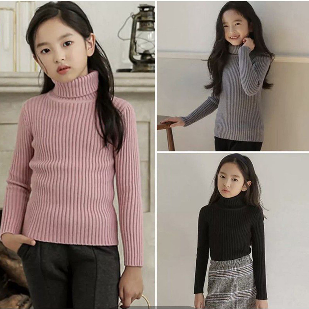 Baju Rajut Gaya Korea Pakaian Anak Perempuan TurtleNeck Sweater Turtleneck Rajut Ank laki 7-12 Tahun
