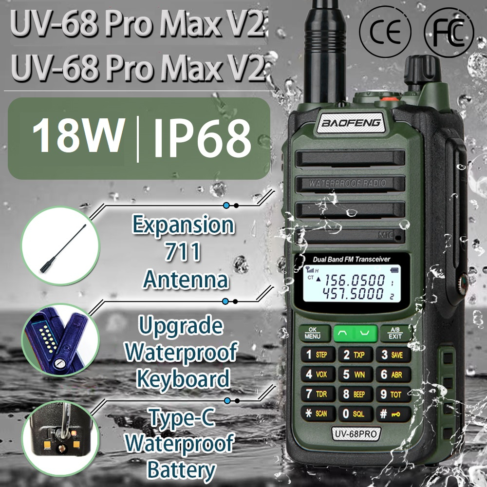 HT BF UV-68 Pro Max Waterproof Walkie Talkie FM Radio VHF UHF18W 9800Mah- UPGRADE 9R PRO