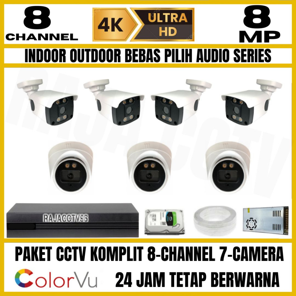 PAKET CCTV 8MP COLORVU COLORFUL 8 CHANNEL 7 KAMERA ULTRA HD 4K CAMERA AUDIO SERIES