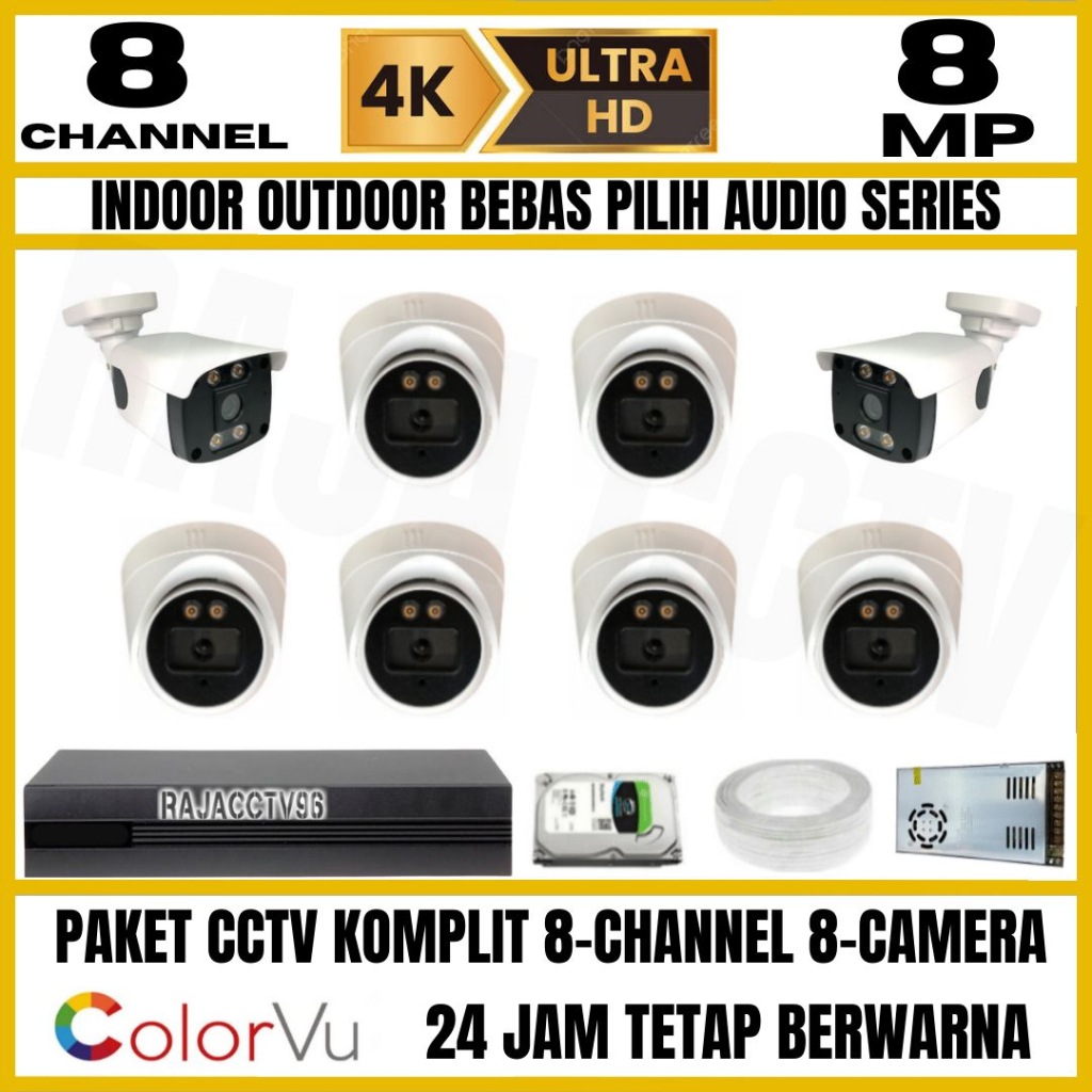 PAKET CCTV 8MP COLORVU COLORFUL 8 CHANNEL 8 KAMERA ULTRA HD 4K CAMERA AUDIO SERIES FULLCOLOR 8MEGAPIXCEL