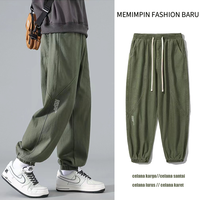 【NEW】Celana panjang pria cowok cargo panjang Korean style celana karet hijau baggy pants loose straight pants celana santai pria oversize jogger celana boyfriend celana dasar pria2023