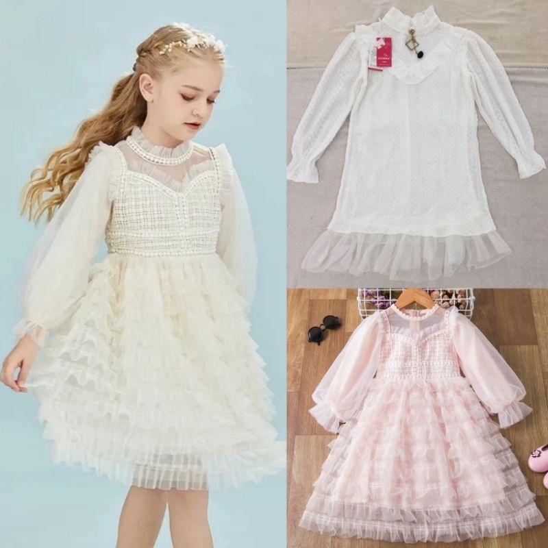 dress lengan panjang anak import putih pink gaun pesta anak impor