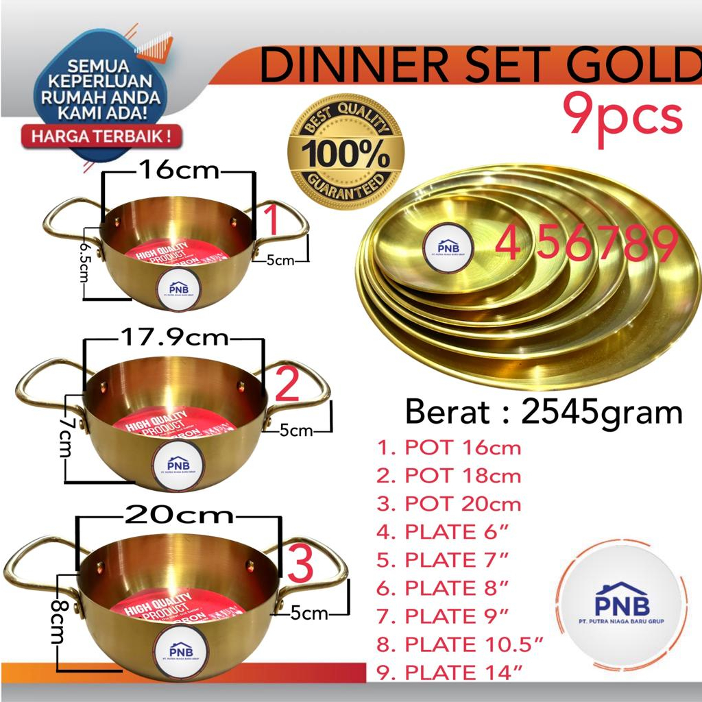 Dinner set with gold / Set Piring + Panci (9 pcs)