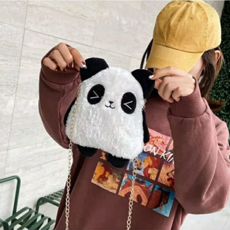 Tas Selempang Bahu Boneka PANDAPOO Tas Slempang Bulu Lucu Sling Bag Tali Rantai Korean Style