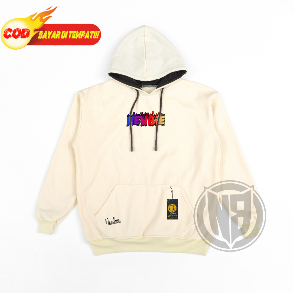 NEWBIE Jaket Sweater Hoodie Pria Distro Original Aesthetic Warna Cream Motif Fleece Tebal M-XXL Terbaru Sablon Radiasi