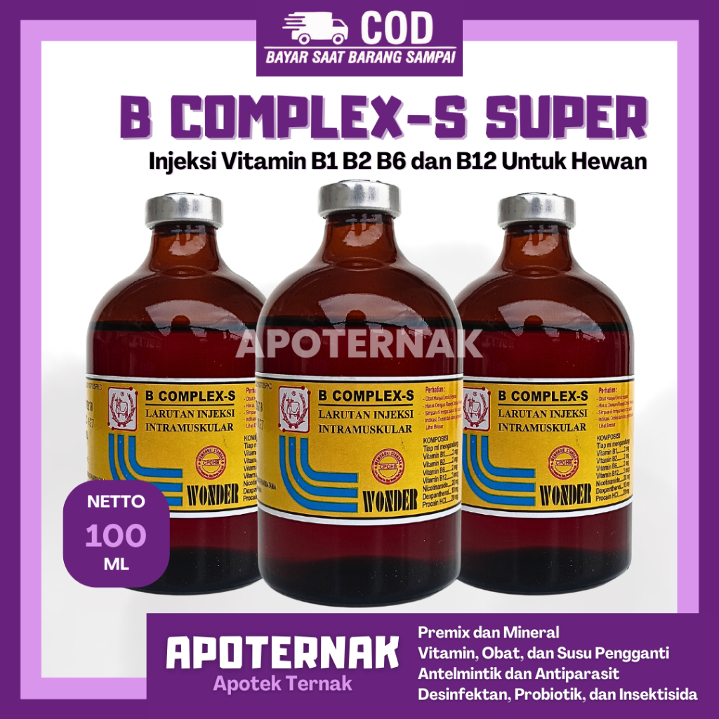 B COMPLEX-S 100 ml | Vitamin B Kompleks Injeksi Hewan | Vitamin B Complex Komplek B1 B2 B6 B12 | WONDER