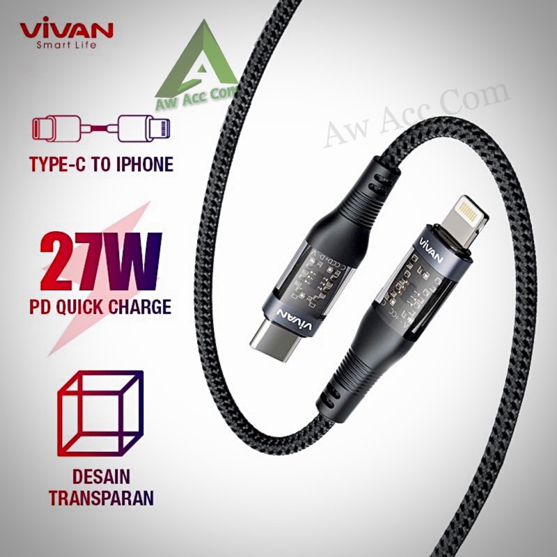 Vivan Kabel data Usb C to Lightning Transparant 27W PD Quick Charge Nylon Braided Data Cable for iPhone 11 12 13 14 Pro Max/14 Plus