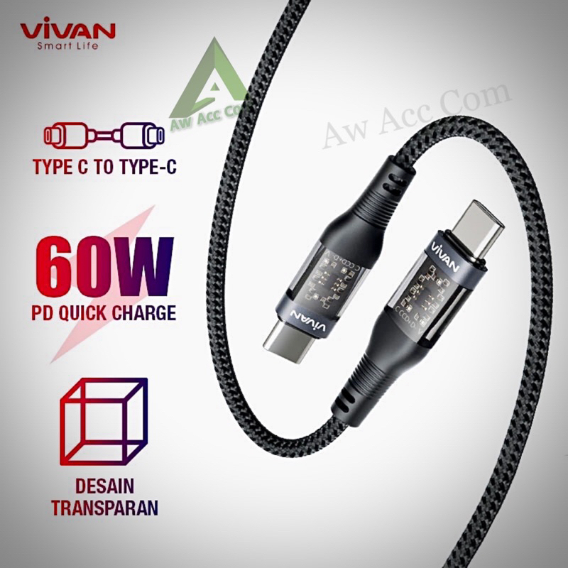 Vivan Kabel Data Usb Type C to Type C Transparant 60W PD Quick Charge Nylon Braided Data Cable Type C for s10 s20 s21 s22 ultra s23