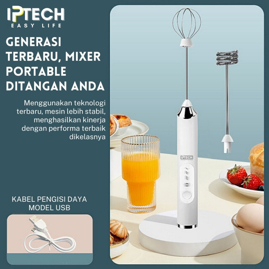 IPTECH HAND MIXER l PENGOCOK MINUMAN l WISK Portable Otomatis 3 Kecepatan dengan USB Charger