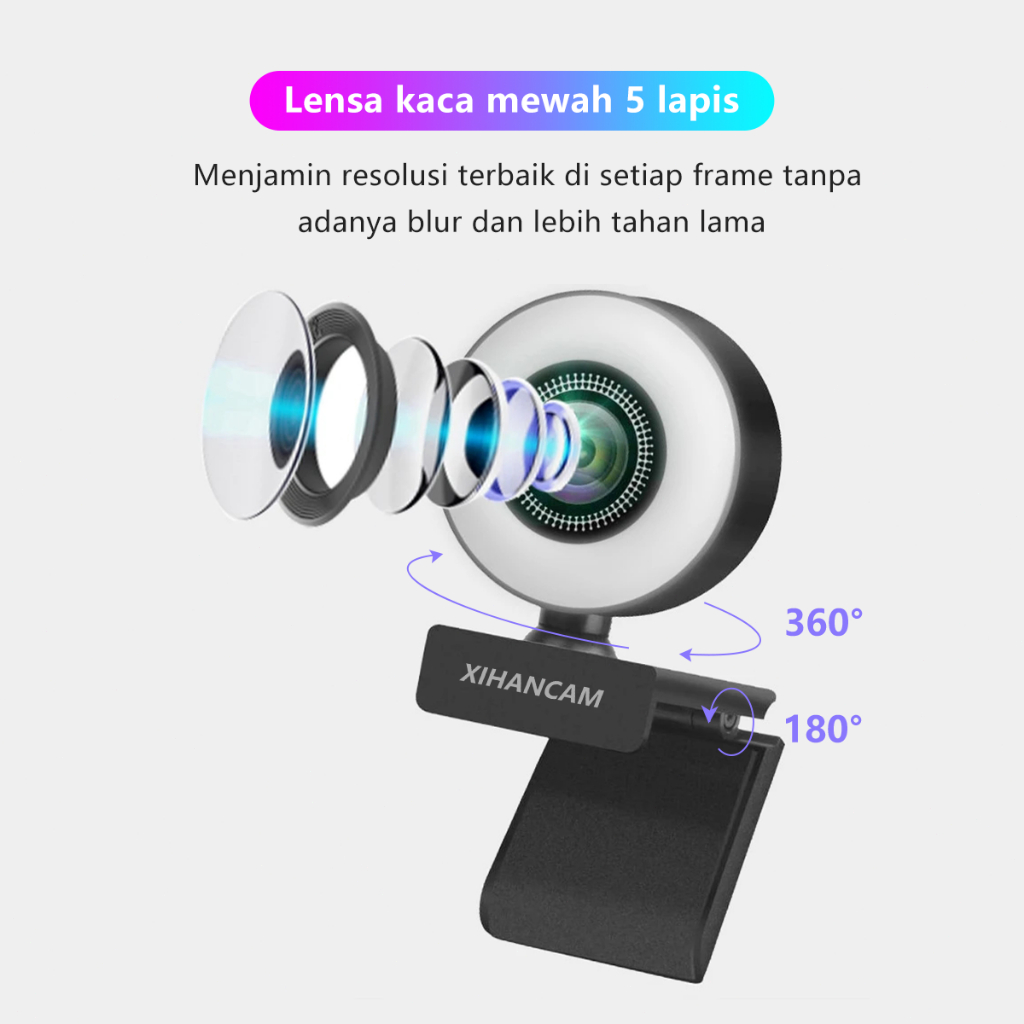 XIHANCAM IP Camera Laptop Usb Webcam 2K Lampu Ring Light Kamera Webcam Laptop With Mic Live Streaming USB Web Cam PC Kamera Laptop Untuk Zoom Meeting Kamera Eksternal Aksesoris Laptop Komputer