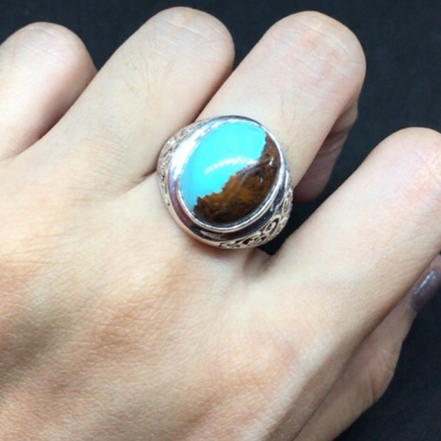 Cincin Perak Silver Pria Wanita 925 Asli Turquoise Oval Ukir