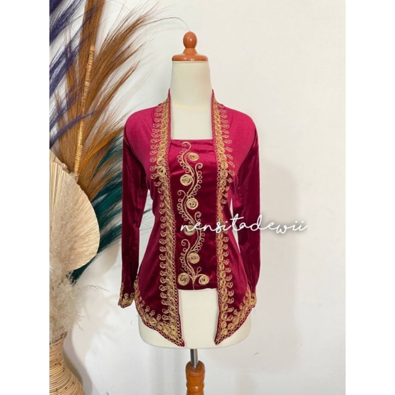 Kebaya Bordir Zirconia, Model Kutubaru - Warna Maroon