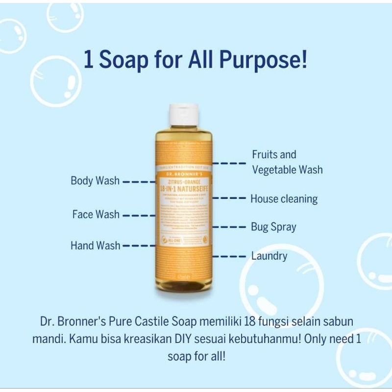 Dr.Bronner's 18 in 1 Pure-Castile Liquid Soap  237 ml - Sabun Cair Organik Multifungsi