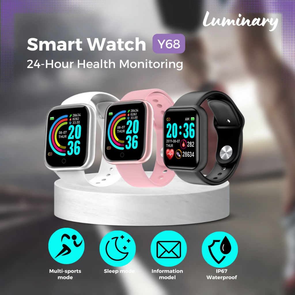 Smartwatch Y68 Sport Tahan Air Bluetooth Smart Watch Pelacak Kebugaran Gelang Pedometer Heart Rate