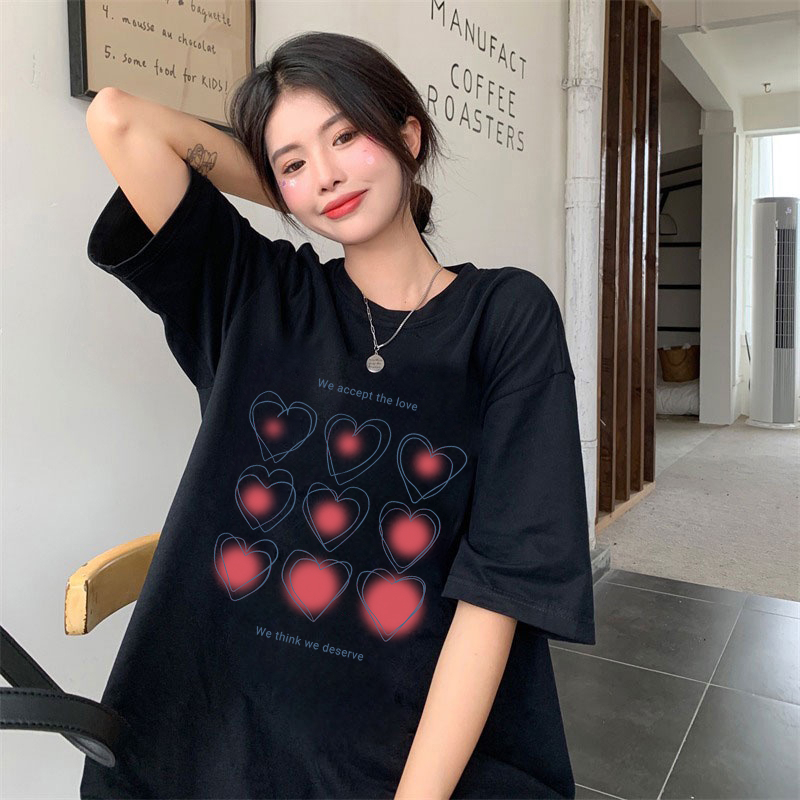 XiaoZhaiNv Kaos Atasan Oversize Wanita Red Heart Pattern Lengan Pendek A0151