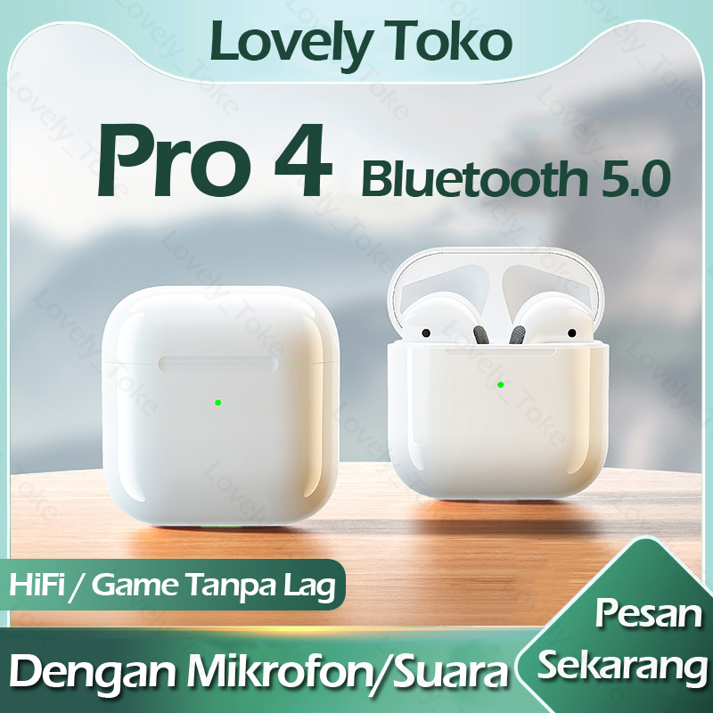 Pro 4 Headset Bluetooth TWS with Mic Smart Touch Control Earphone Bluetooth HiFi Stereo Handset Wireless Earbuds Olahraga Tahan Air Henset Bloetooth Hedset