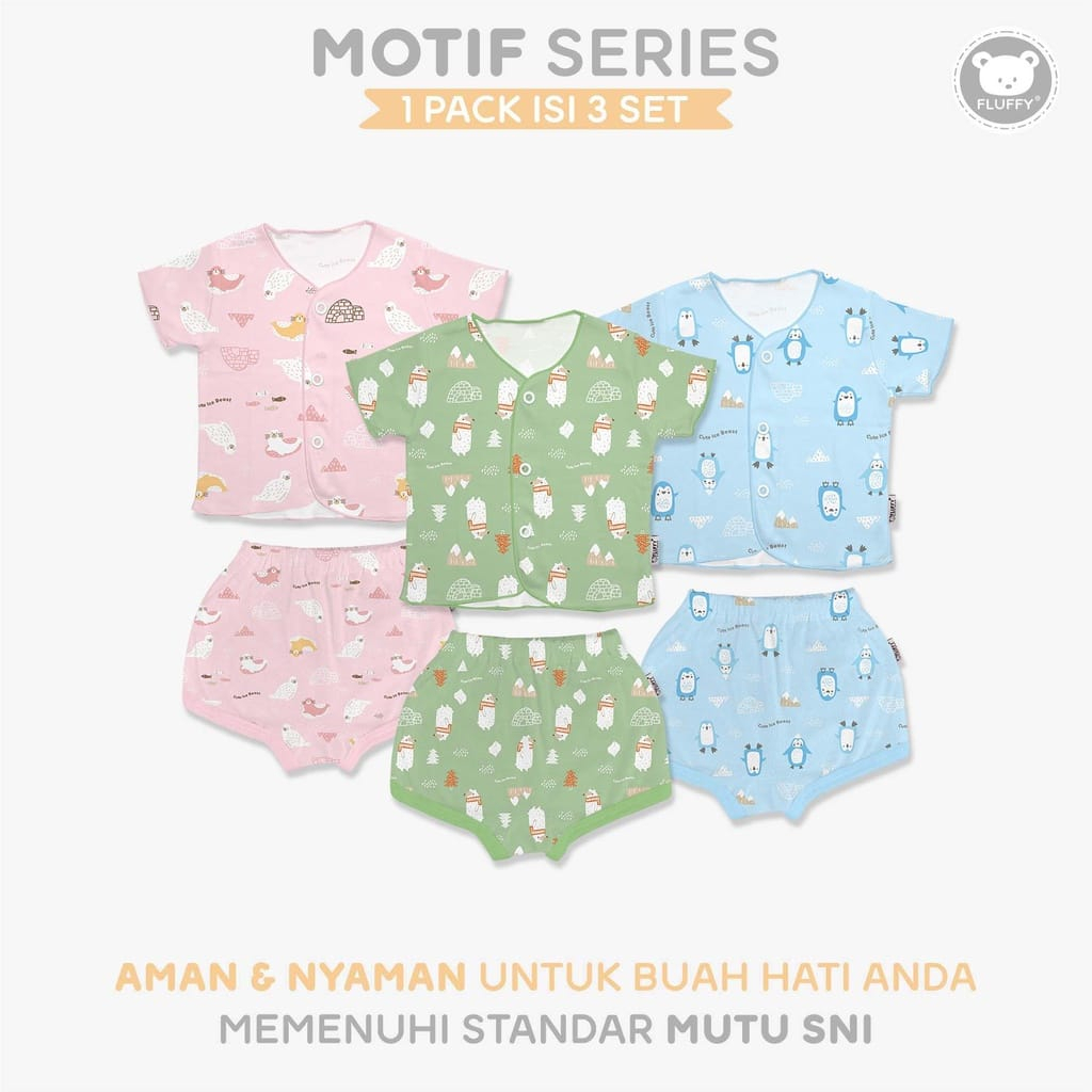 Fluffy Stelan Baju Lengan Pendek Kancing Depan Celana Panjang Pendek (0-3 Bulan) Isi 3 Pcs