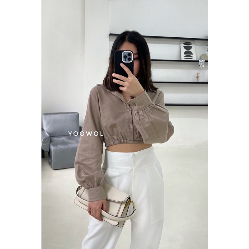 Thea Top/Kemeja Crop Linen Lengan Panjang