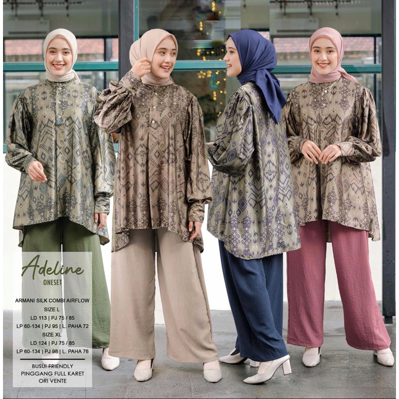 ADELINE ONESET - Oneset Muslim Armani Silk Motif Printing Elegant // Setelan Blouse Celana Muslim Fo
