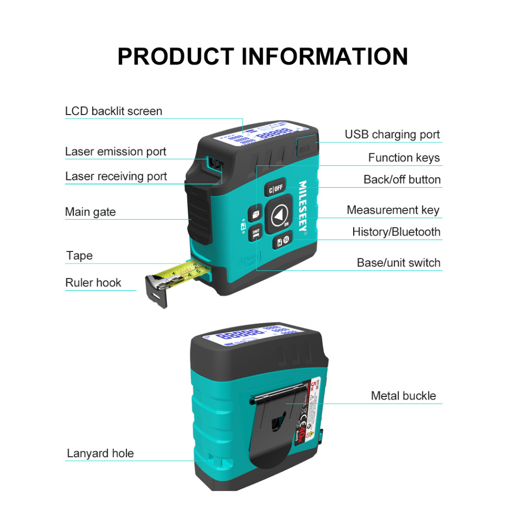 MILESEEY Meteran Laser Pengukur Rangefinder Tape Measure 3 in 1 40M - DT20 - Green