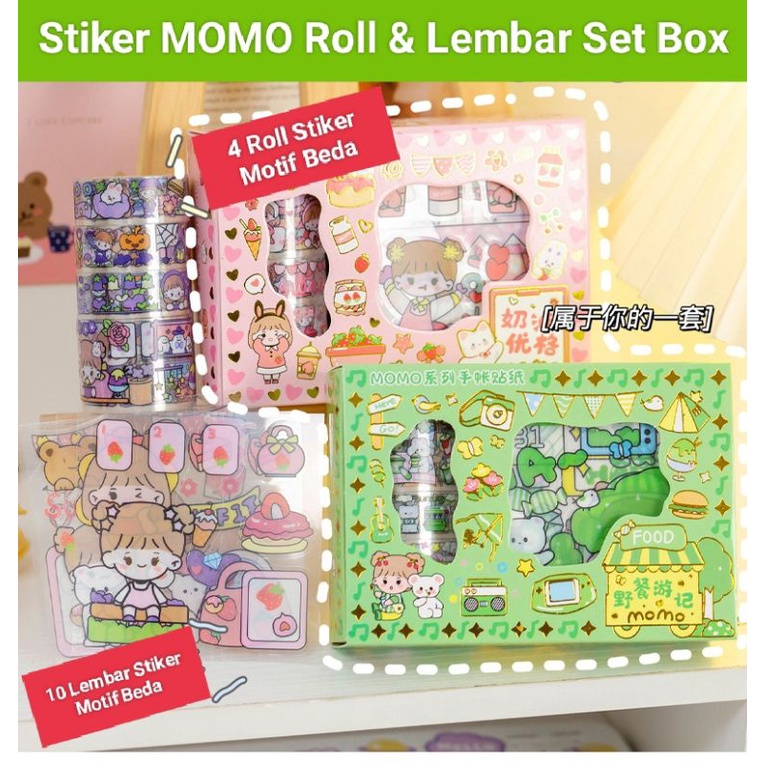 Sticker Momo Set Roll Washitape Isi 4 Roll + 10 Lembar Stiker