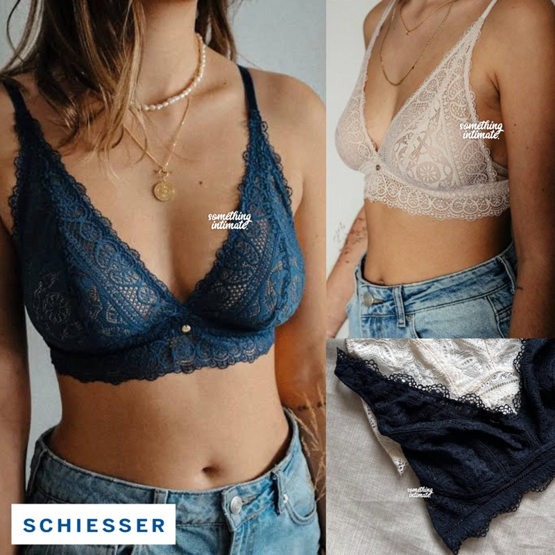 SCHIESSER Decolette Crochet Plunge Bralette / Unpadded Wirefree Lingerie Sheer No Pads Unwired Wirel