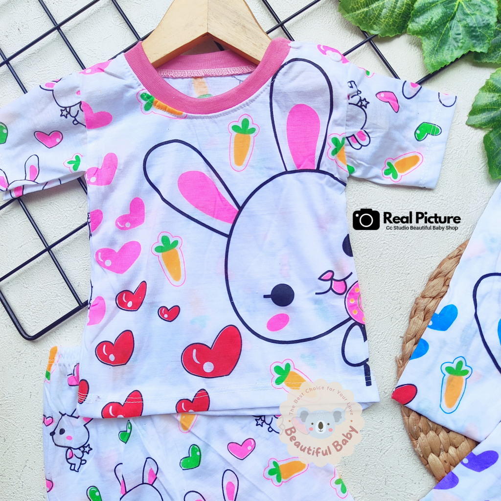 Baby.ou - Setelan Baju Bayi Lengan Pendek Celana Pendek Motif Kelinci / Setelan Harian Bayi / Kaos Oblong Bayi &amp; Anak Kancing Pundak