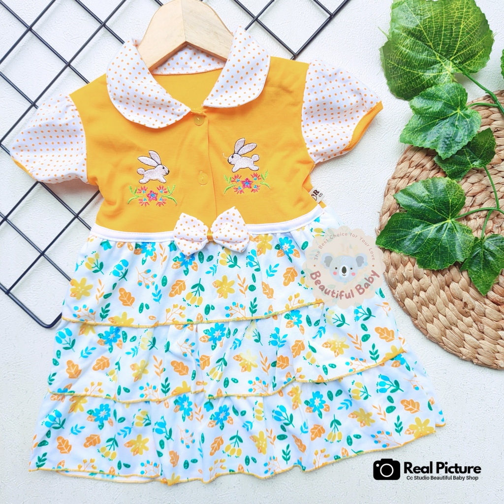 PREMIUM Dress Bayi Perempuan Motif Rabbit Flowers / Rok Baju Bayi Perempuan  Merk Syifana / Baju Bayi Perempuan/ Baby.ou