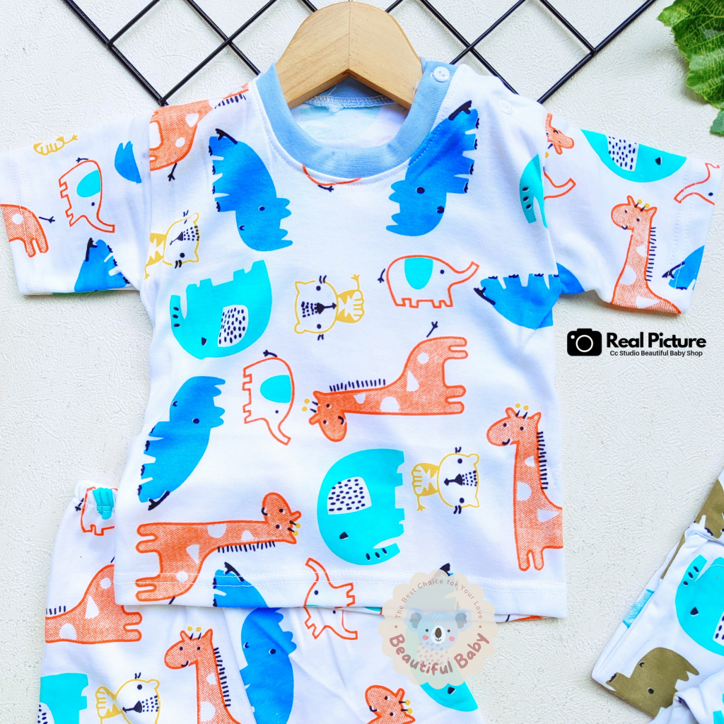 Baby.ou - Setelan Baju Bayi Lengan Pendek Celana Pendek Motif Animals / Setelan Harian Bayi / Kaos Oblong Bayi &amp; Anak Kancing Pundak