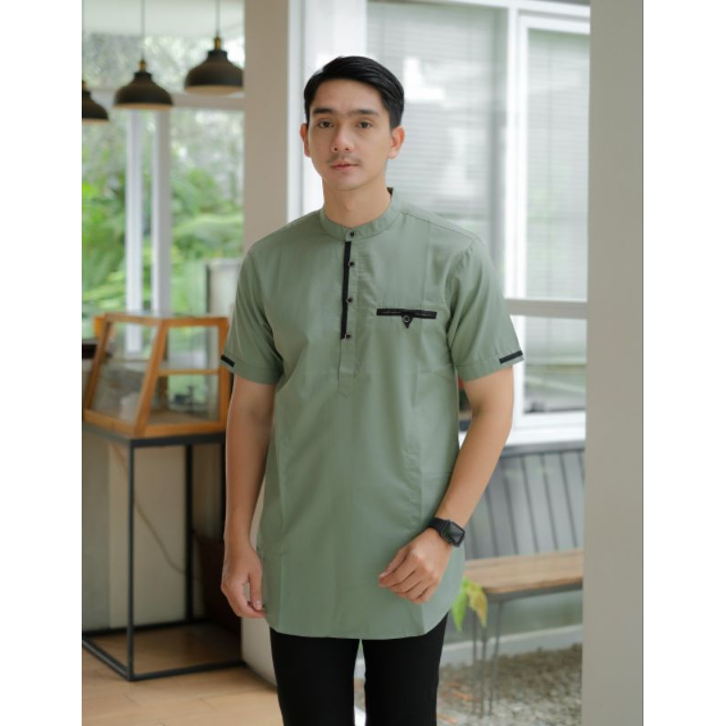 BAJU KOKO KURTA PRIA LENGAN PENDEK BERKUALITAS BAHAN TOYOBO WARNA HIJAU BOTOL TARO MOCCA NAVY PUTIH 