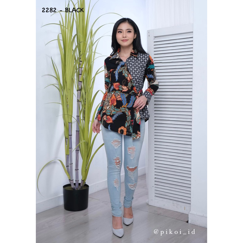 Baju batik lengan panjang / atasan batik kimono modern berkerah / seragam baju batik hijab 2282