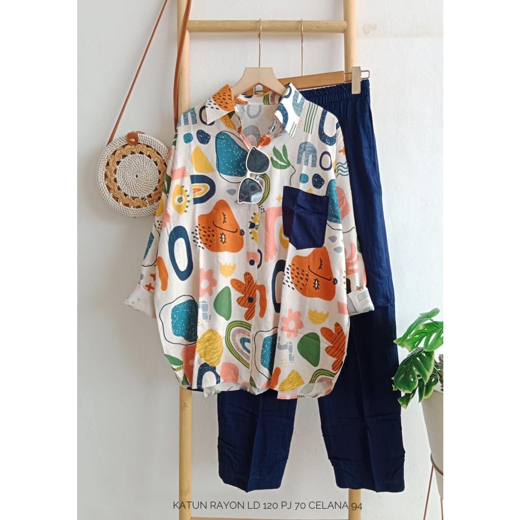 SETCEL KEMEJA MOTIF WANITA KEKINIAN // SETELAN RAYON PREMIUN HQ// SETELAN JUMBO// BAJU JUMBO