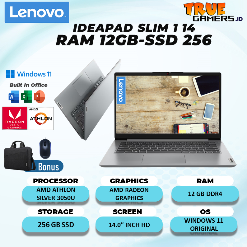 Laptop Lenovo Ideapad Slim 1 14 ATHLON SILVER 3050U RAM 12GB 256SSD 14/15 Inch