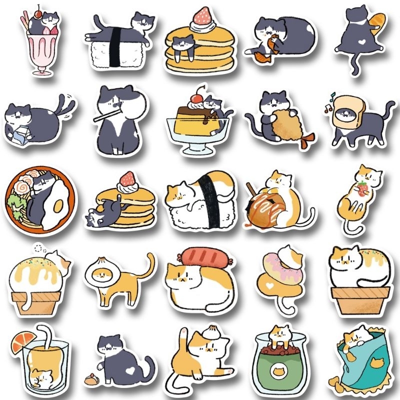 

50pcs Sticker Fat Cat and Food Kucing Stiker PVC Laptop Koper HP Anti Air