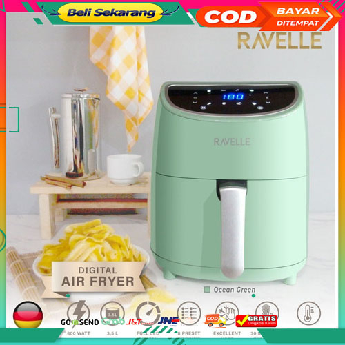 Air Fryer RAVELLE Digital Low Watt 3.5L RAF 350 Masak Tanpa Minyak - Ocean Green PROMO