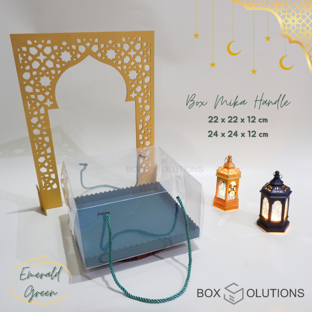 

box mika handle / tali transparant hijau square 18x18x12 / 20x20x12 / 22x22x12 / 24x24x12 cm EDISI LEBARAN