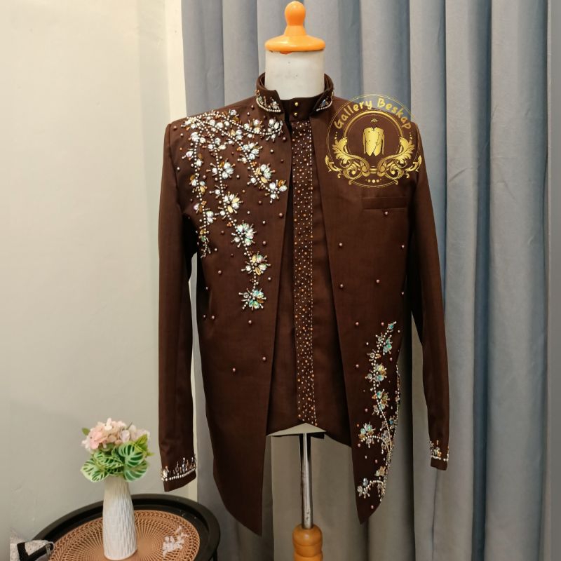 Basofi pengantin semi wool / beskap muslim coklat tua
