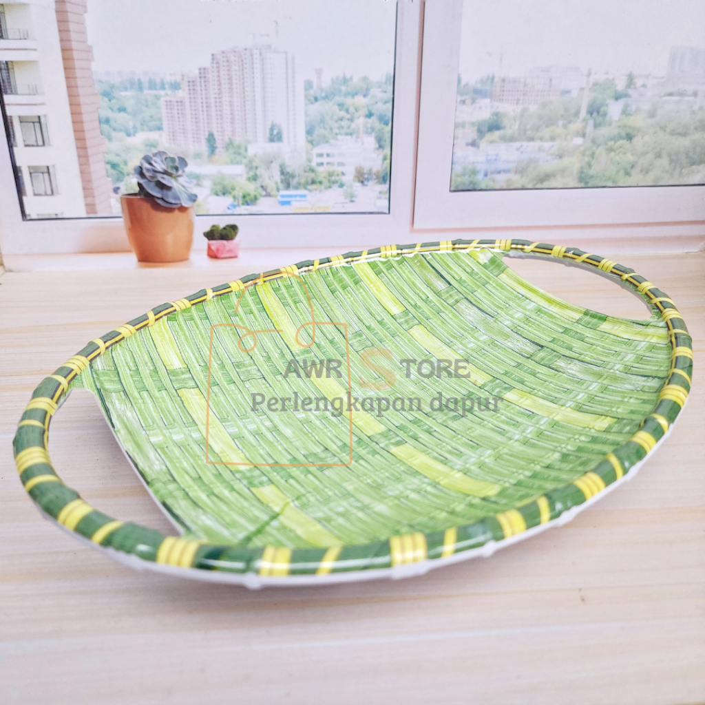 PROMO 1 PCS PIRING SAJI MELAMIN ASLI TEBAL OVAL MOTIF ROTAN WARNA HIJAU MELENGKUNG UKURAN SEDANG ATA