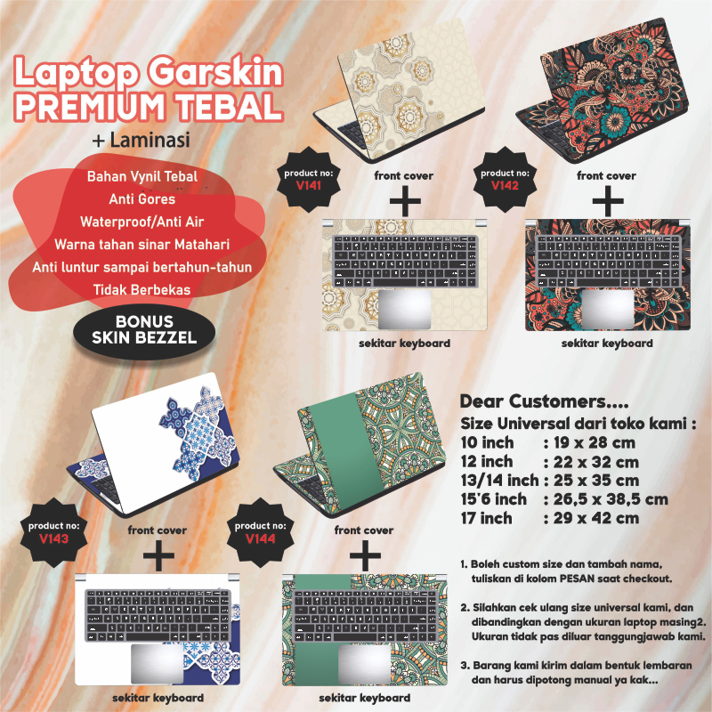 Garskin Laptop Anti Gores Batik Ornamen Mewah Premium Full set 10 12 13 14 15 inch  Universal Untuk Semua Merk Laptop