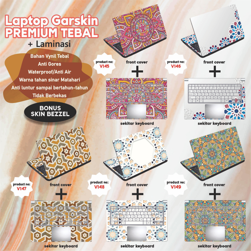 Garskin Laptop Anti Gores Batik Ornamen Mewah Premium Full set 10 12 13 14 15 inch  Universal Untuk Semua Merk Laptop