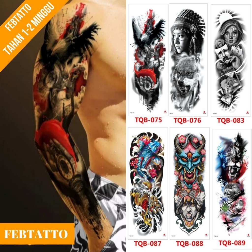 Tato Temporer Ukuran 17cmx48cm Motif Aesthetic Tatto Temporary Stiker Tato Halal Grosir Tato air motif burung garuda, perempuan serigala, perempuan poker, ikan, tengkotak, macan TQB 075