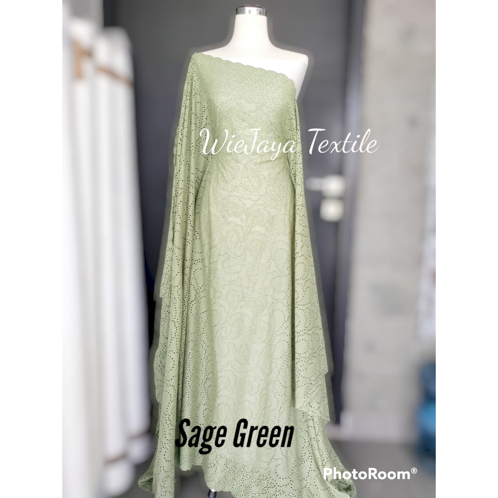 Katun Bordir Motif Ekor bolong bolong murah Grade A khusus warna Sage Green, cocok utk Mukena, Kebaya Encim, Blouse, Dress,  Baju Anak , Adem, Tipis Nyaman dipakai